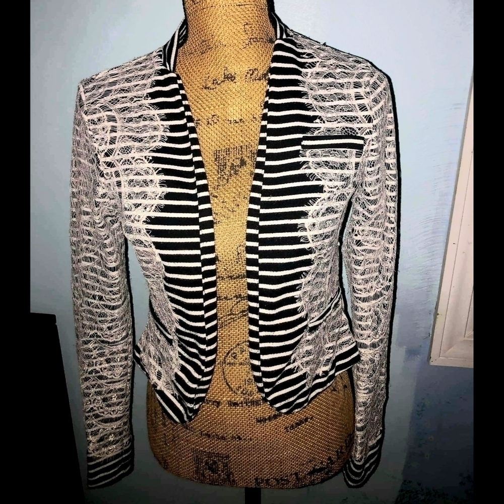 Daytrip Black and White Striped Lace-Overlay Blazer